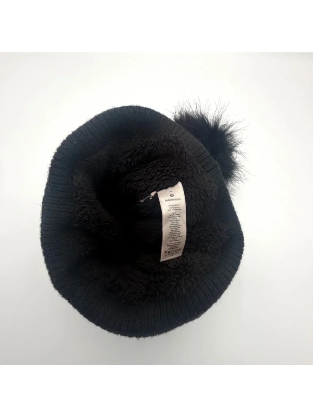 Lululemon Women's OS Black Merino Wool Beanie Faux Fur Pom Winter Hat